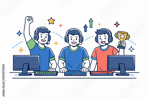 Esports gamers team winning tournament, celebrating victory with trophy and success