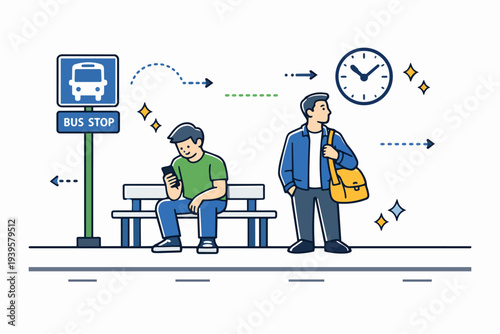 People waiting at a bus stop, using a smartphone and checking the time