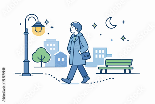 Man walking through city park at night, illuminated by street light and moon