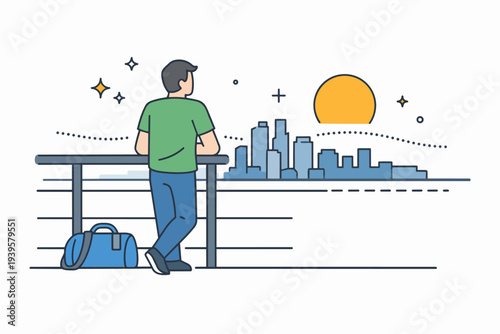 Man traveling looking at city skyline during sunset, contemplating horizon view