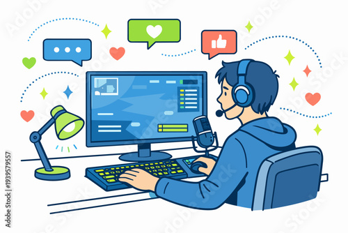 Streamer playing video games, live streaming online content, influencer broadcasting