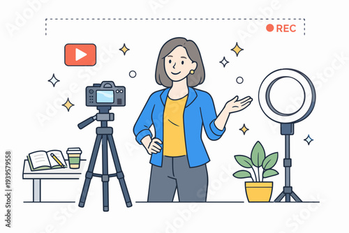 Woman vlogger recording content for her online channel with camera and ring light