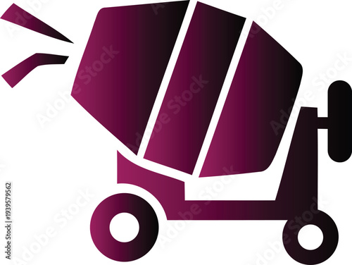 Purple cement mixer truck icon with wheels and handle on white background for construction or industry concept