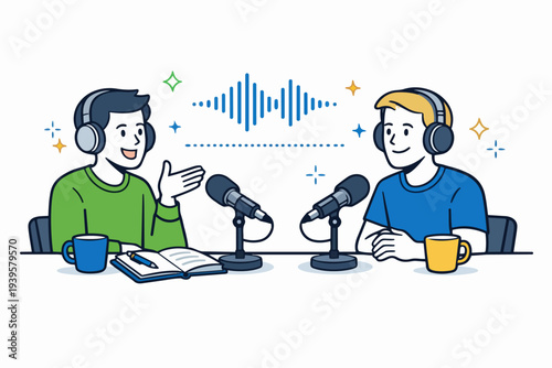 Creating podcast content with two people recording an audio interview or broadcast