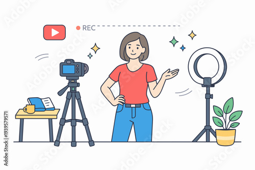 Vlogger creating video content for online audience using camera and ring light