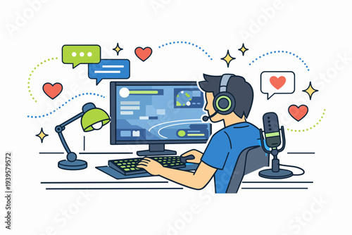 Young man live streaming video games, playing online, creating content