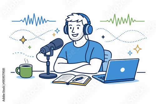 Man broadcasting a podcast, speaking into a microphone, recording online audio