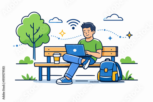Man working remotely outdoors using laptop on park bench with strong wifi