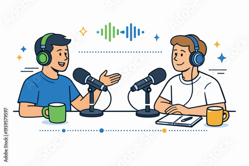 Podcast hosts having a conversation during live studio recording with microphones