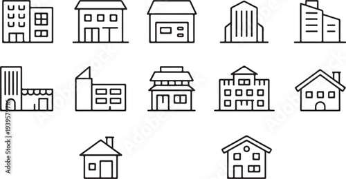 building simple line icons pack office retail warehouse and home