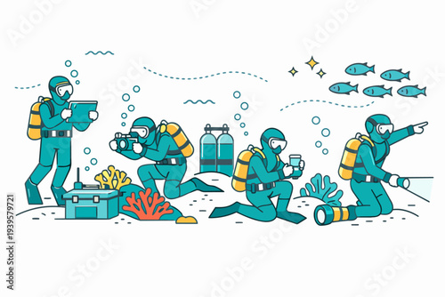 Underwater research team diving, exploring, and documenting marine life in the ocean