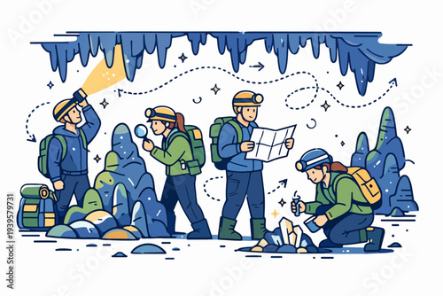 Cave explorers navigating and discovering formations underground