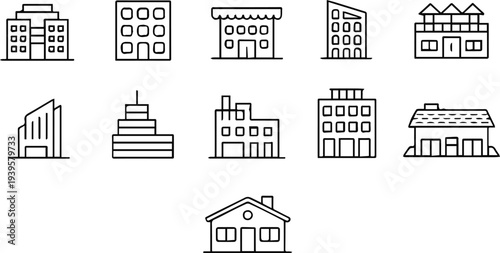 building vector set twelve editable line icons for urban planning