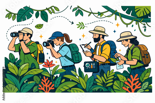 Group of researchers exploring tropical jungle, observing wildlife and collecting samples