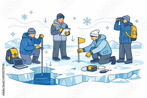 Scientific team conducting arctic research, studying climate change and polar environment