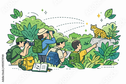Wildlife explorers observing a leopard in its natural jungle habitat