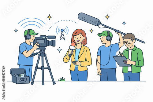 News team broadcasting live, recording interview with reporter and camera equipment