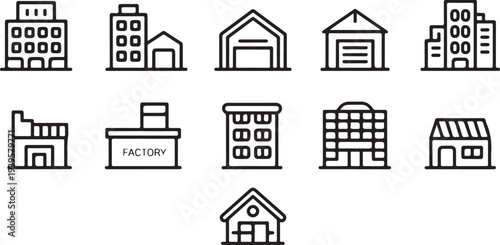 building icons set twelve line art architecture and city symbols