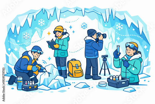 Scientists conducting research and studies inside an ice cave, analyzing climate data