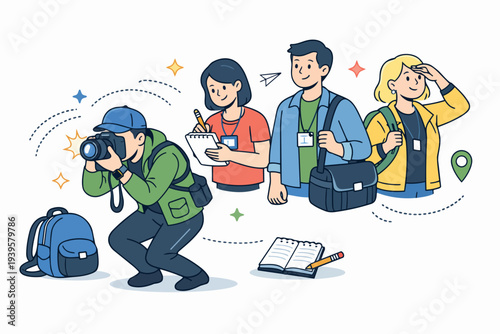Journalists and tourists exploring, capturing stories and sightseeing on a trip