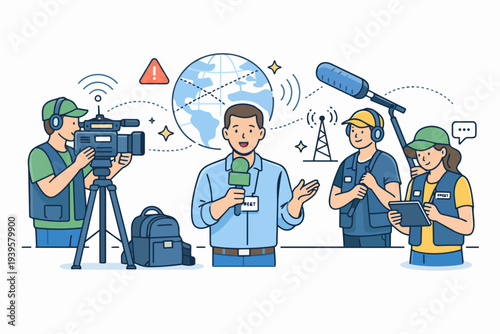 News team reporting live, journalist on air, cameraman, sound, and director working