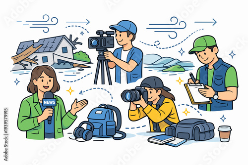 News crew performing field reporting, covering emergency events and current affairs