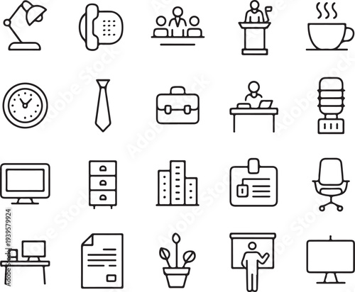 office icons set line art workplace symbols for business