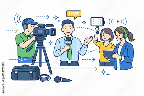 News team broadcasting live, reporting current events with camera and equipment