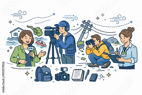 Journalists reporting natural disaster and broken power lines with professional camera equipment