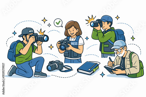 Media professionals taking photos and writing stories to report current events