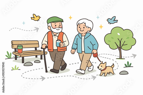 Senior couple walks their dog in a park, maintaining an active and healthy life