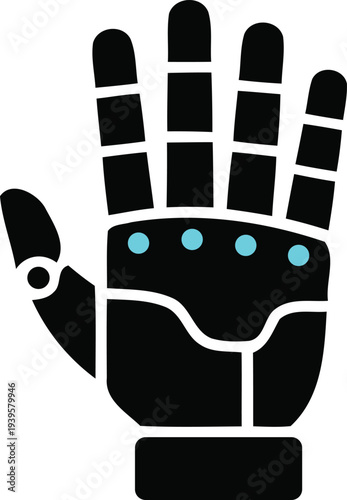 Robot hand with blue dots on palm and fingers prosthetic limb  cyborg or artificial intelligence concept