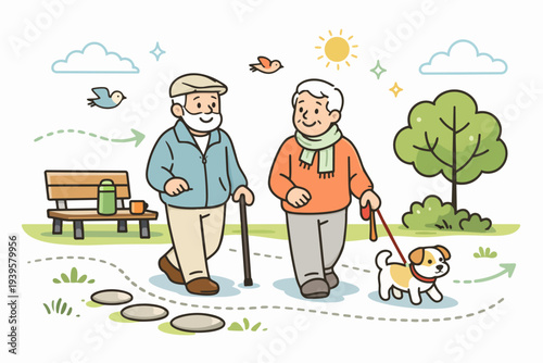Senior couple walking in park with dog, enjoying healthy retirement lifestyle