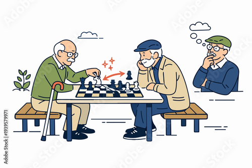 Seniors enjoying chess game in park, engaging in competition and strategic thinking