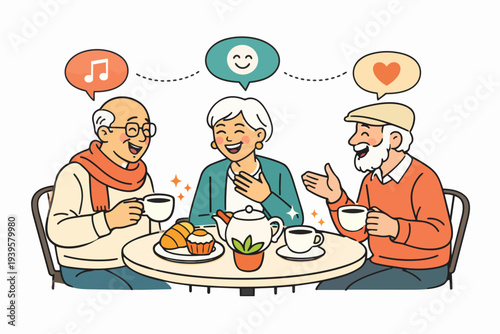 Elder friends meeting at a cafe, eating pastries, and socializing with joy and happiness