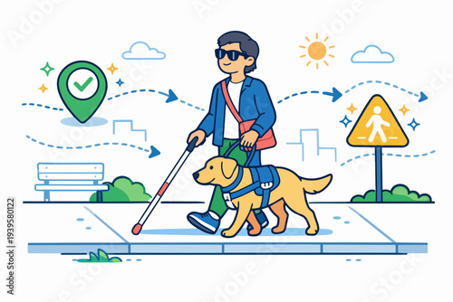 Blind person navigating city sidewalk with guide dog and white cane assistance