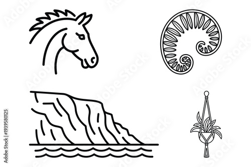 Horse, fern, cliff, and plant in macrame hanger icons