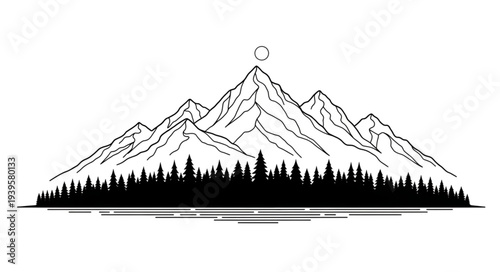 Minimalist Mountain Landscape Illustration with Forest.