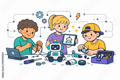 Children learning robotics and coding, building robots during stem education class