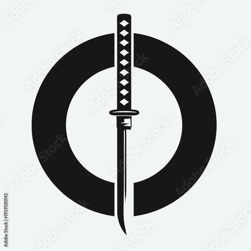A minimalist vector icon set featuring a katana sword within a circle on a white background, showcasing a simple black design.