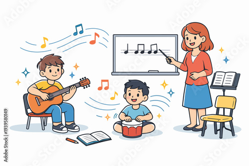 Children learning music with teacher playing guitar and hand drum in classroom