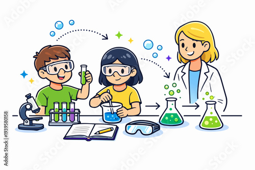 Children and teacher doing chemistry experiments, learning science in laboratory