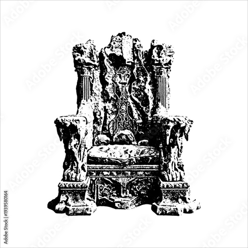 Ancient Stone Throne with Beast Carvings and Ruined Pillars