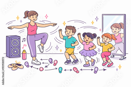 Children learning dance steps from a female instructor in a studio with a mirror