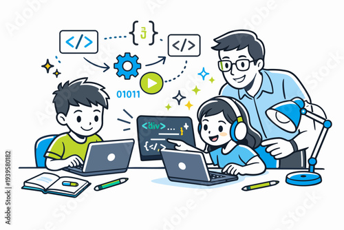 Teacher guiding boy and girl programming on laptops, learning computer science lessons