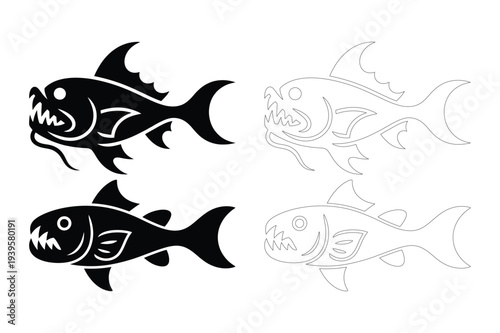 Piranha fish illustration, fierce mouth, black and outline