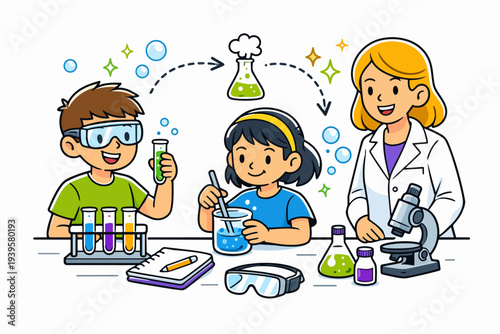 Children and teacher learning science doing chemistry experiments in laboratory