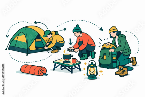People preparing for camping, setting up tent, cooking, and packing backpack
