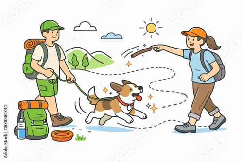 Couple hiking with pet dog, enjoying outdoor adventure and nature exploring