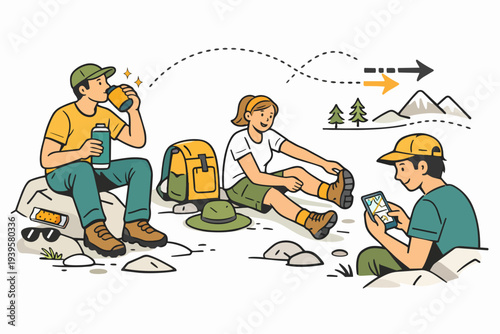 Group of friends taking a break during a hiking trip, checking their trail map